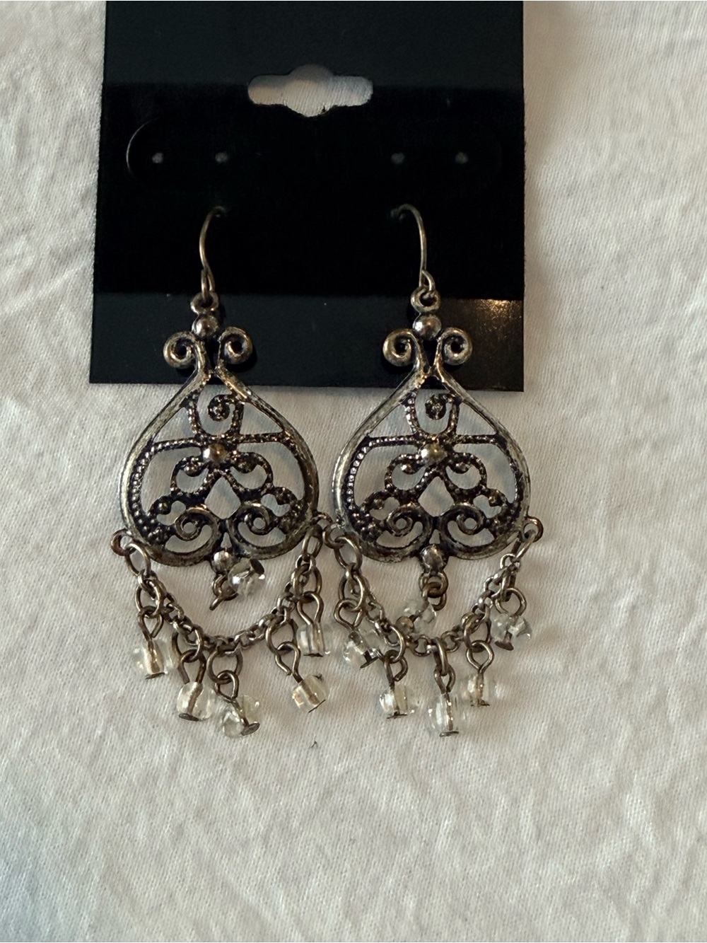 Filigree Teardrop Dangle Earrings with Clear Beads